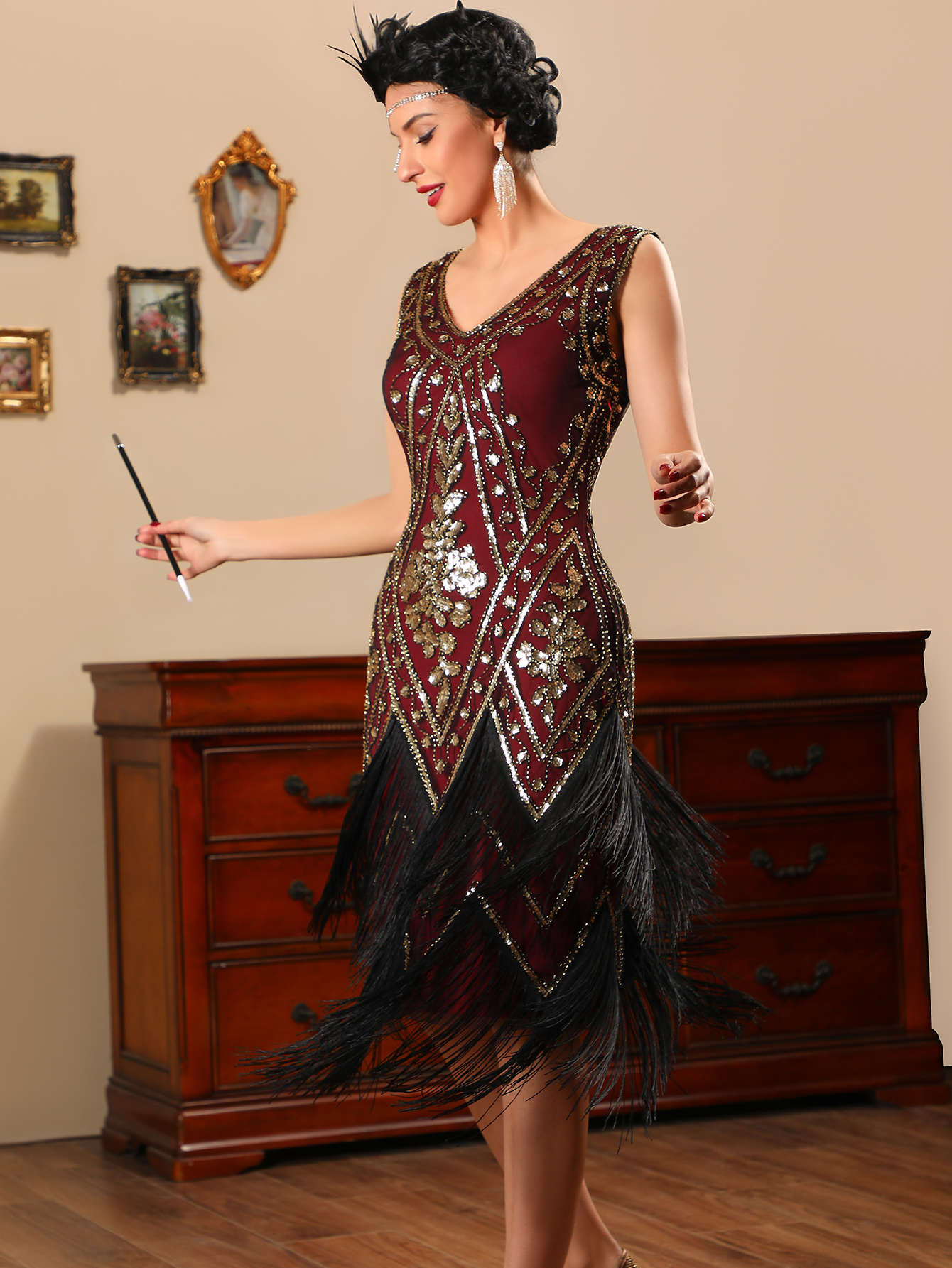 Modecrush Long Fringed Gatsby Dress Women's 1920s Fringe Trim Sequin Dress Without Arm Sleeves