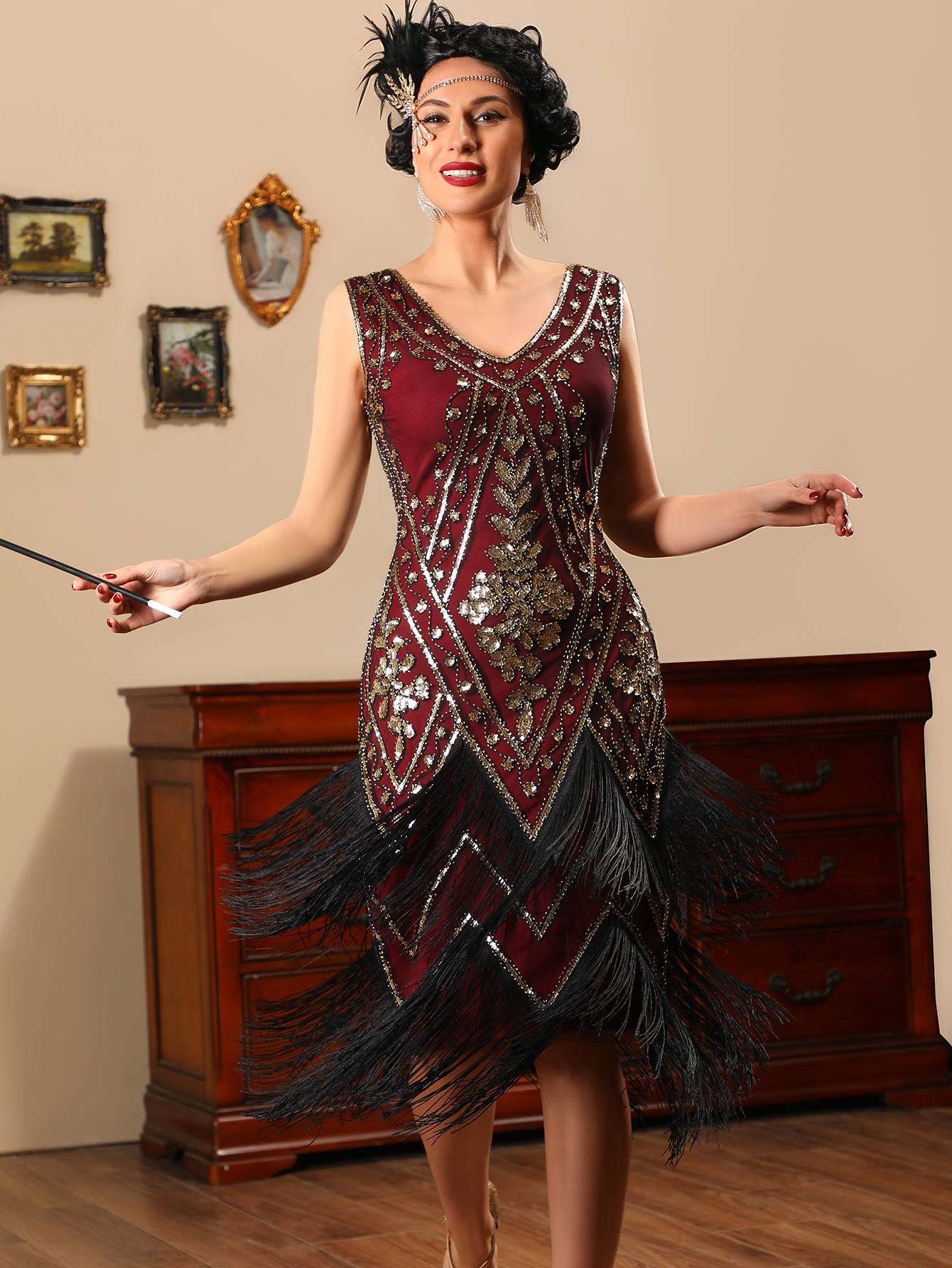 Modecrush Long Fringed Gatsby Dress Women's 1920s Fringe Trim Sequin Dress Without Arm Sleeves