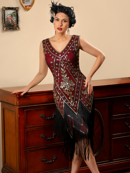 Modecrush Long Fringed Gatsby Dress Women's 1920s Fringe Trim Sequin Dress Without Arm Sleeves