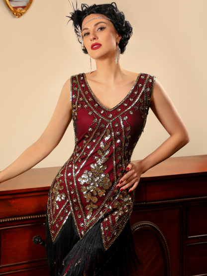 Modecrush Long Fringed Gatsby Dress Women's 1920s Fringe Trim Sequin Dress Without Arm Sleeves