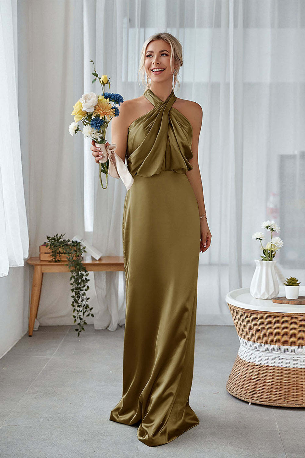 Dusty Sage Sheath Halter Neck Satin Long Bridesmaid Dress