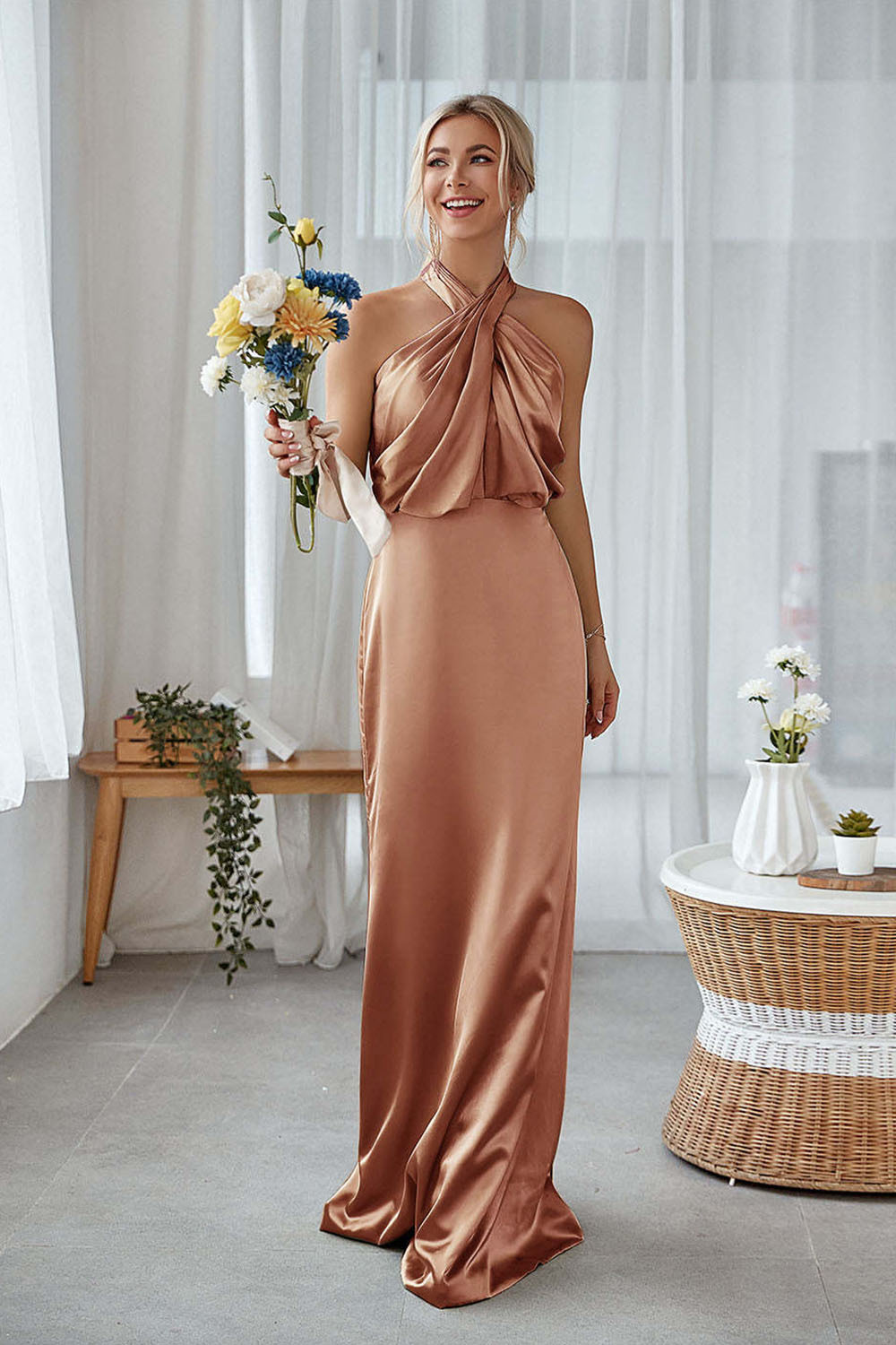Dusty Sage Sheath Halter Neck Satin Long Bridesmaid Dress