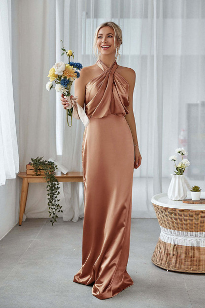 Dusty Sage Sheath Halter Neck Satin Long Bridesmaid Dress