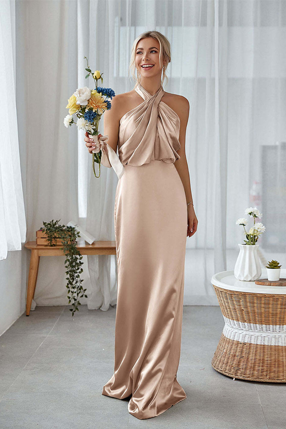 Dusty Sage Sheath Halter Neck Satin Long Bridesmaid Dress