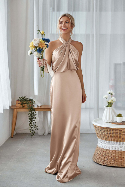 Dusty Sage Sheath Halter Neck Satin Long Bridesmaid Dress