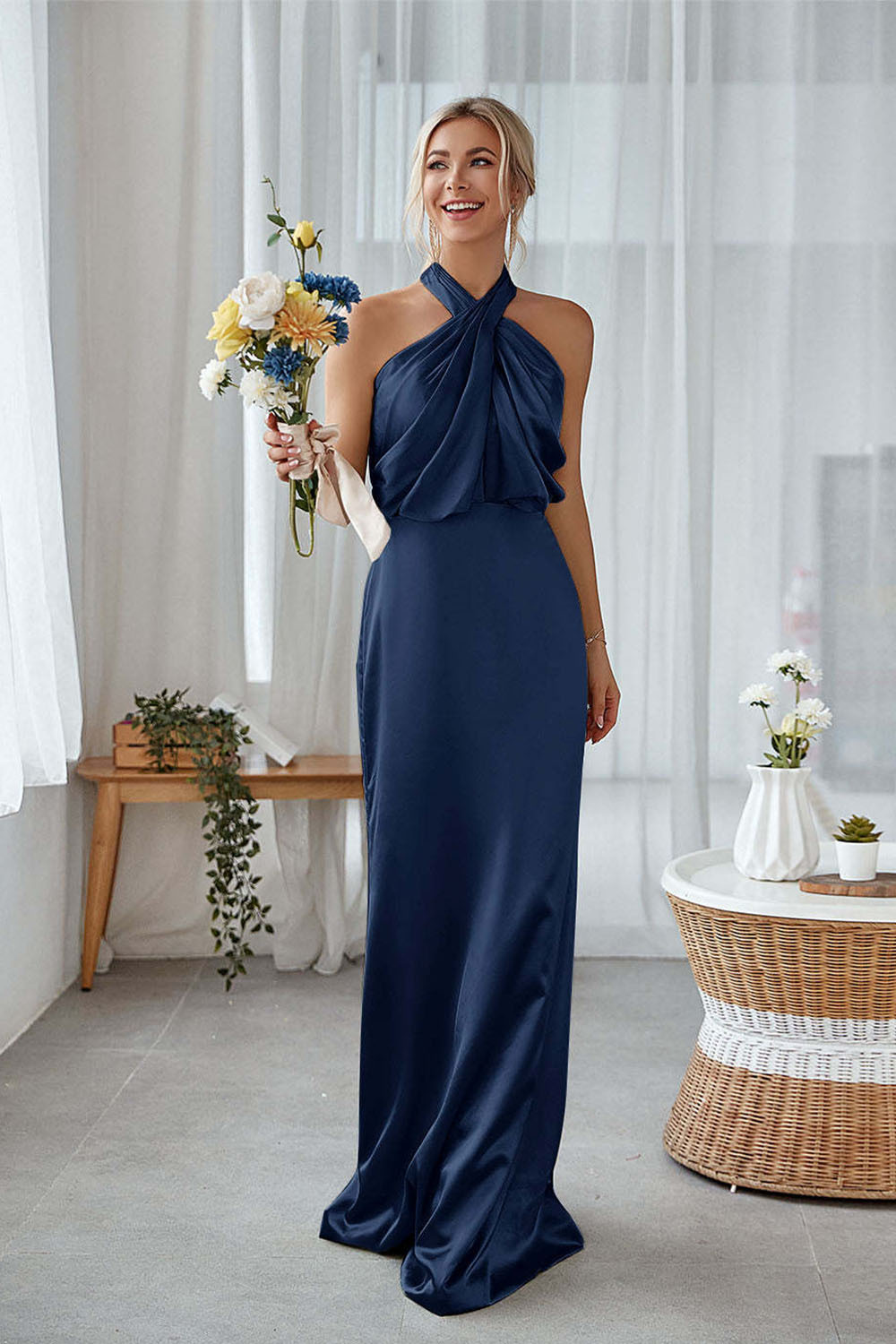 Dusty Sage Sheath Halter Neck Satin Long Bridesmaid Dress