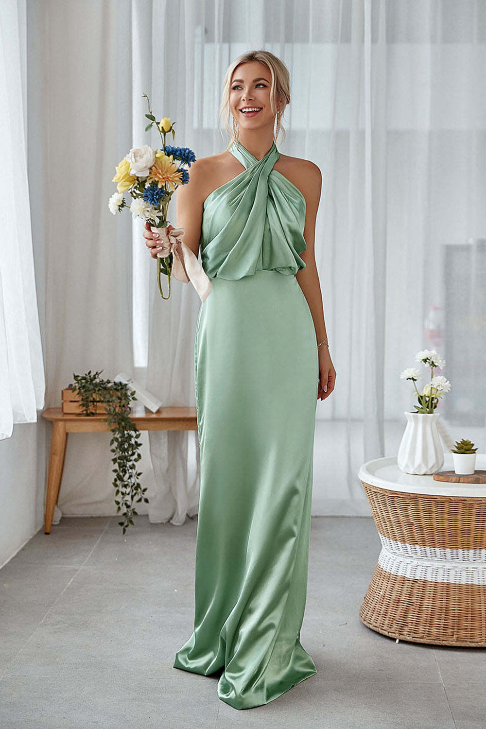 Dusty Sage Sheath Halter Neck Satin Long Bridesmaid Dress