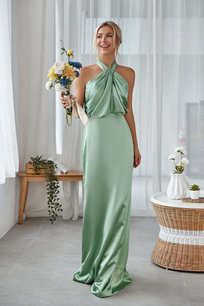 Dusty Sage Sheath Halter Neck Satin Long Bridesmaid Dress