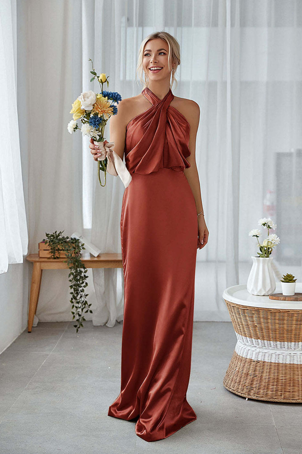 Dusty Sage Sheath Halter Neck Satin Long Bridesmaid Dress