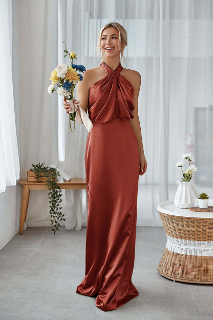 Dusty Sage Sheath Halter Neck Satin Long Bridesmaid Dress