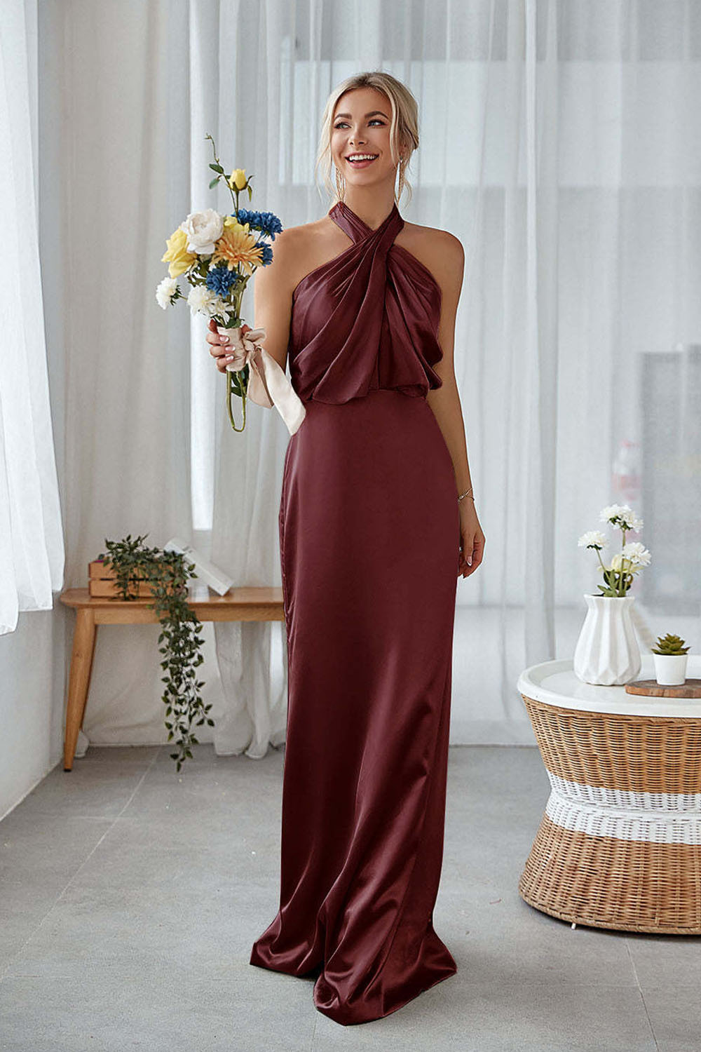 Dusty Sage Sheath Halter Neck Satin Long Bridesmaid Dress