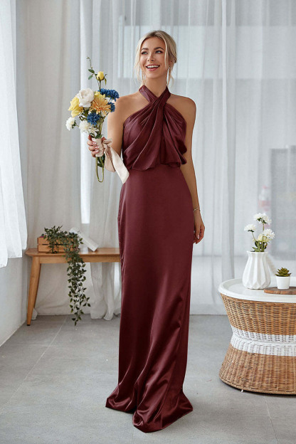 Dusty Sage Sheath Halter Neck Satin Long Bridesmaid Dress