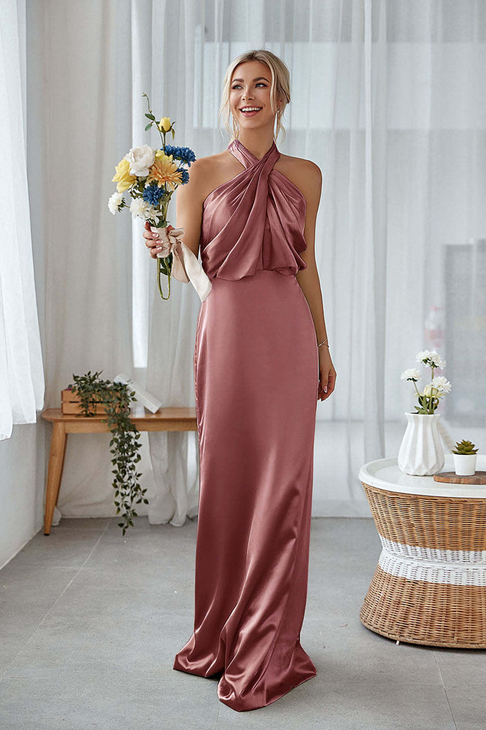 Dusty Sage Sheath Halter Neck Satin Long Bridesmaid Dress