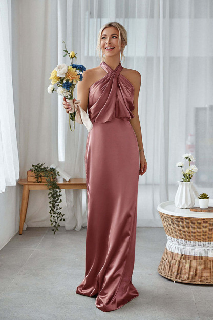 Dusty Sage Sheath Halter Neck Satin Long Bridesmaid Dress