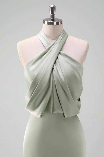 Dusty Sage Sheath Halter Neck Satin Long Bridesmaid Dress
