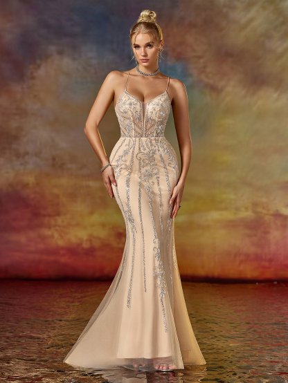 Backless Embroidered Wedding Guest Dress Women's Champagne Gold Sequin Bodycon Evening Gown