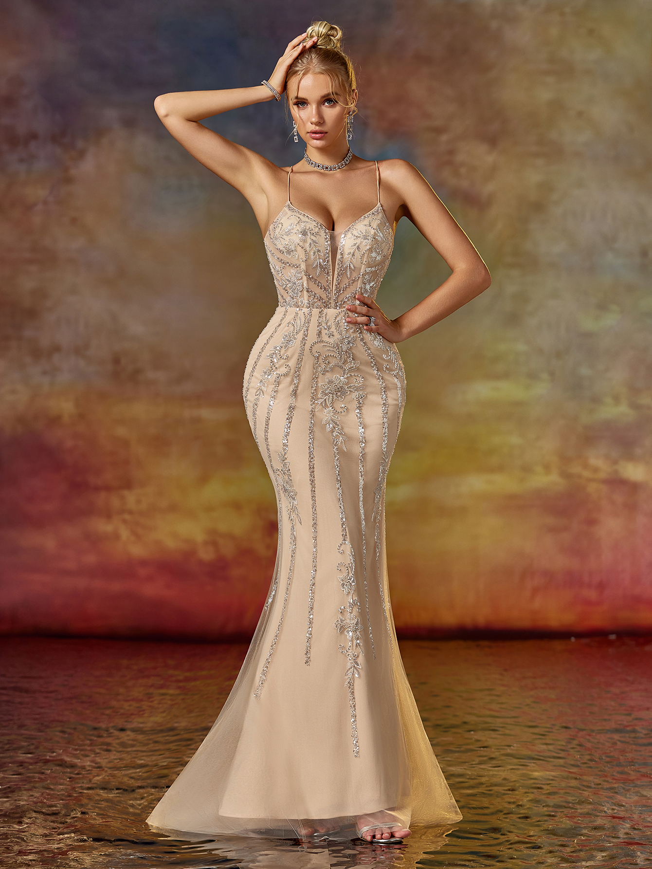 Leely Backless Embroidered Wedding Guest Dress Women's Champagne Gold 