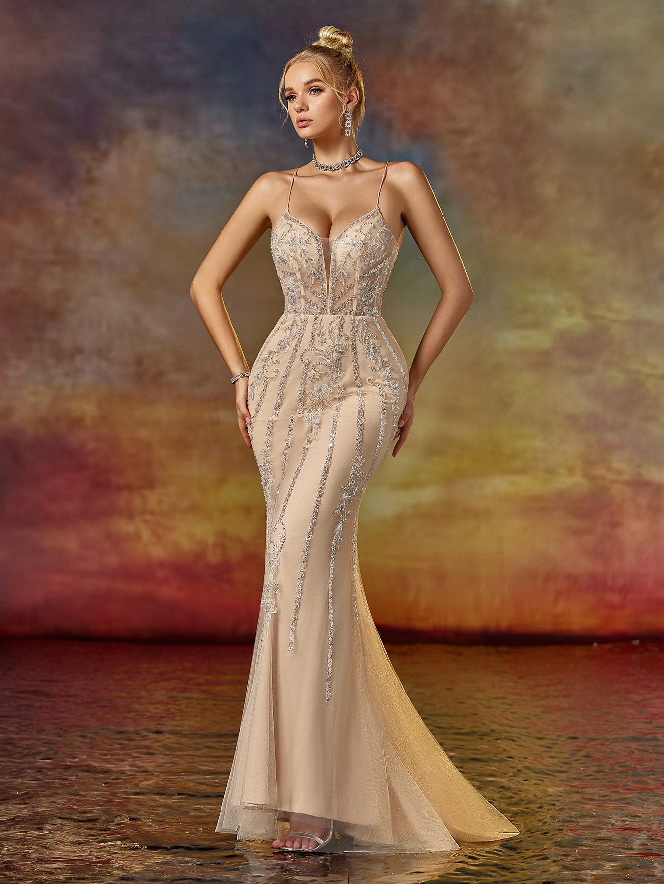 Backless Embroidered Wedding Guest Dress Women's Champagne Gold Sequin Bodycon Evening Gown