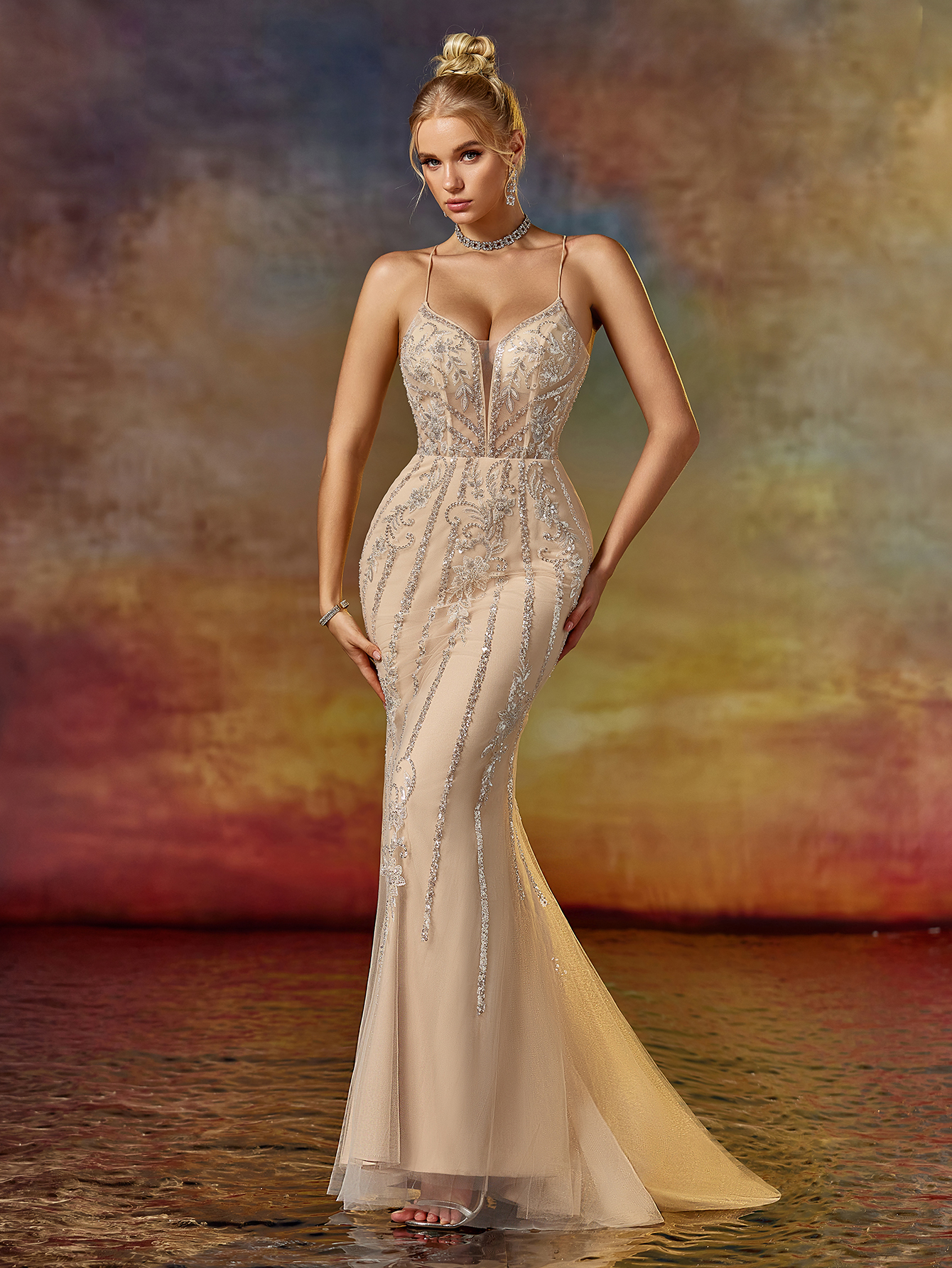 Backless Embroidered Wedding Guest Dress Women's Champagne Gold Sequin Bodycon Evening Gown