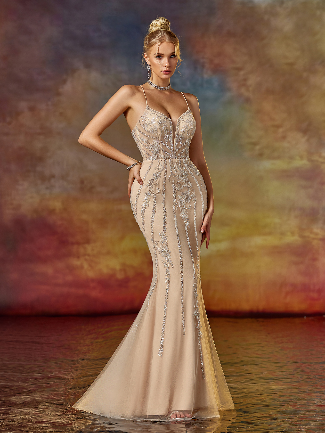 Backless Embroidered Wedding Guest Dress Women's Champagne Gold Sequin Bodycon Evening Gown