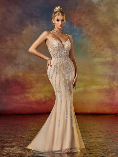 Backless Embroidered Wedding Guest Dress Women's Champagne Gold Sequin Bodycon Evening Gown