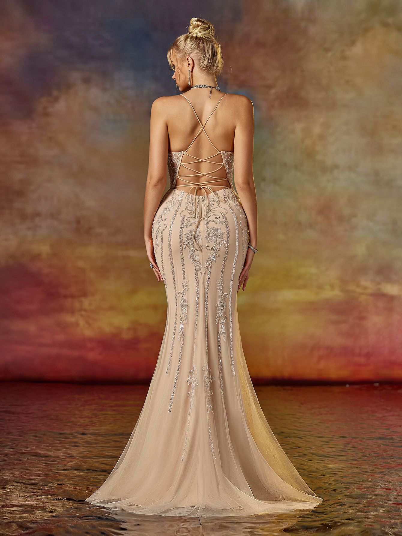 Backless Embroidered Wedding Guest Dress Women's Champagne Gold Sequin Bodycon Evening Gown
