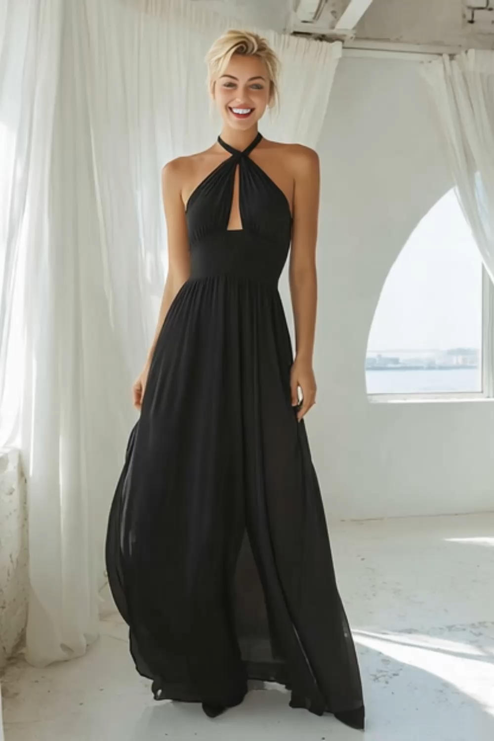 Modecrush A-Line Black Halter Chiffon Long Formal Dress 
