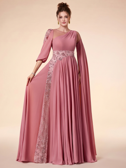 Leely Round Neck Extra-Long Sleeve Prom Dress