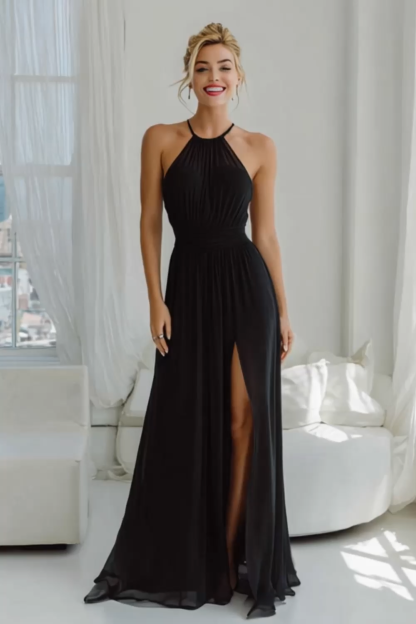 Modecrush Black A-Line Halter Chiffon Long Formal Dress with Slit