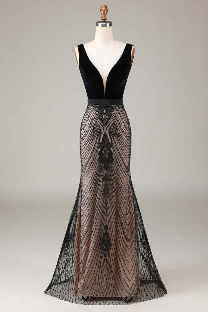 Mermaid Deep V Neck Black Long Prom Dress with Open Back