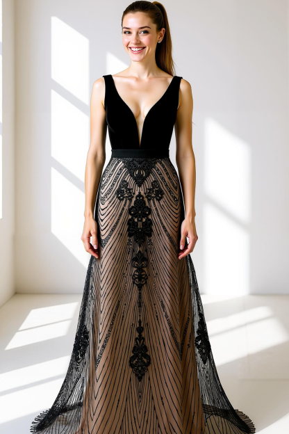 Mermaid Deep V Neck Black Long Prom Dress with Open Back