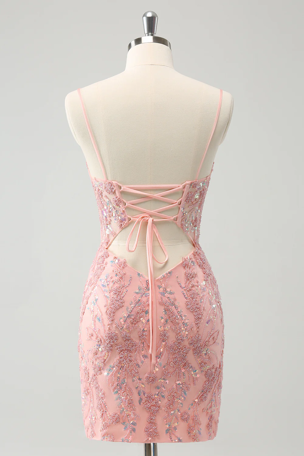 Modecrush Glitter Blush Spaghetti Straps Tight Short Homecoming Dress with Beading