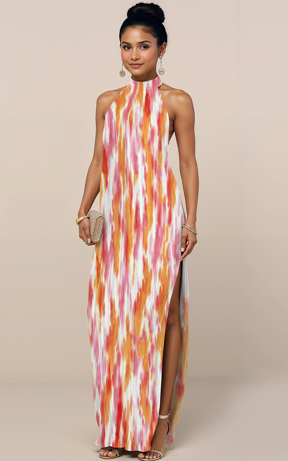 Modecrush Orange Floral Chiffon Halter A-Line Long Dress with Pleats