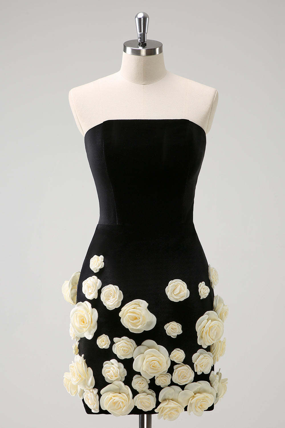 Zapaka Women Black Strapless Homecoming Dress with 3D Flowers Bodycon Short Cocktail Dress
