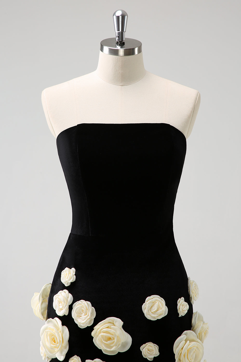 Strapless Black Bodycon Mini Dress with 3D Floral Details for Homecoming