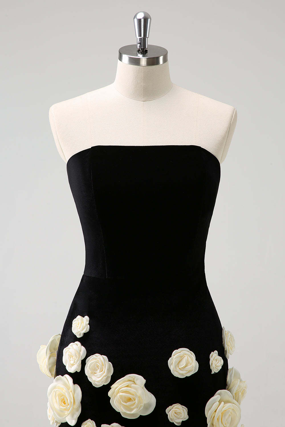 Strapless Black Bodycon Mini Dress with 3D Floral Details for Homecoming