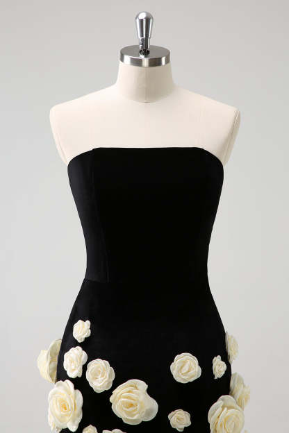 Strapless Black Bodycon Mini Dress with 3D Floral Details for Homecoming