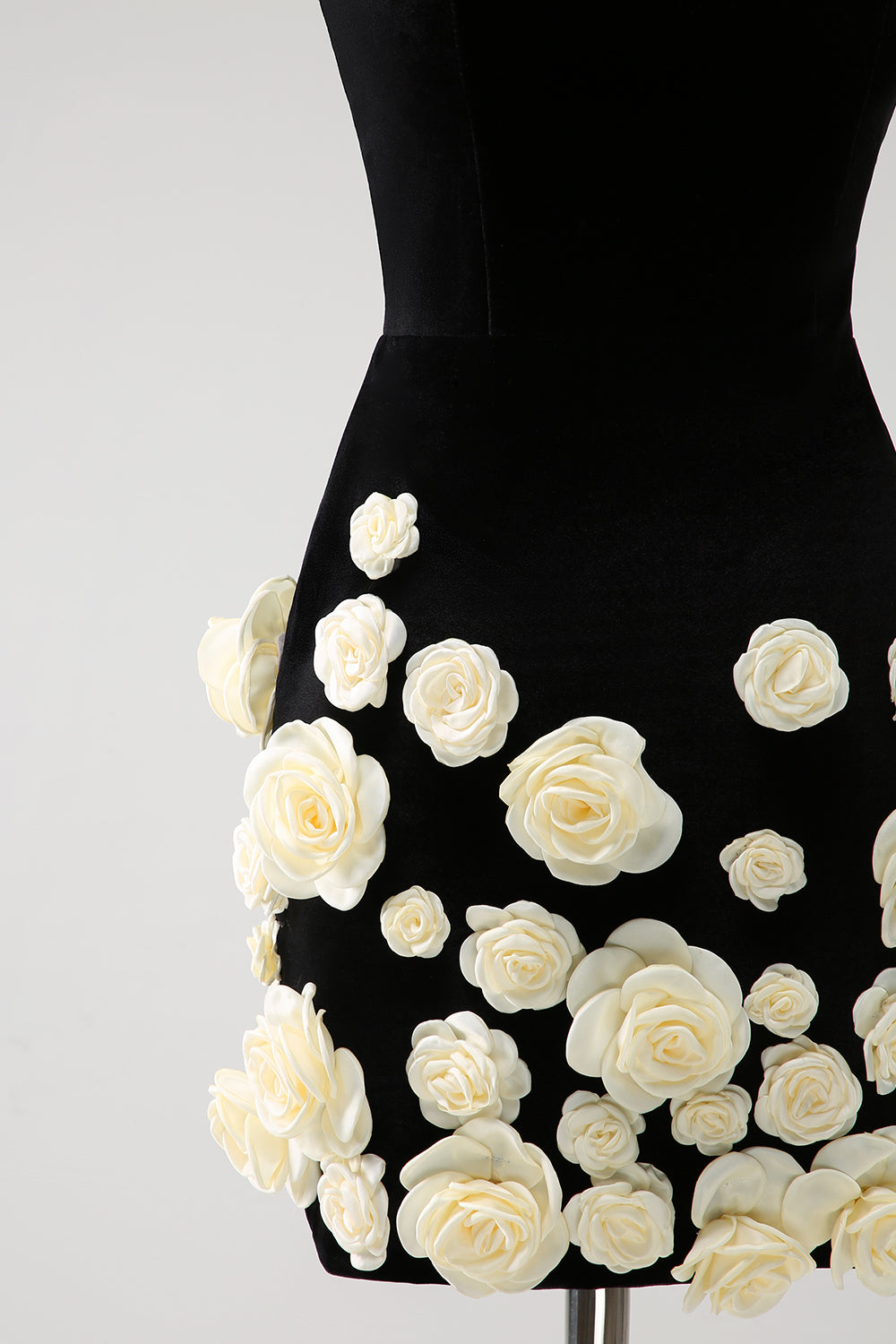 Strapless Black Bodycon Mini Dress with 3D Floral Details for Homecoming