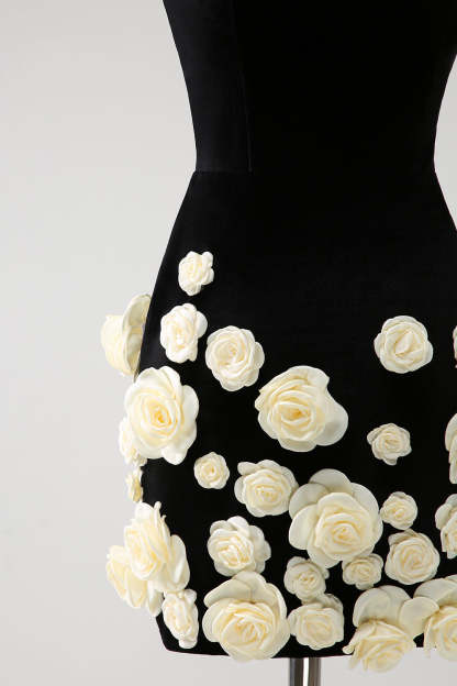 Strapless Black Bodycon Mini Dress with 3D Floral Details for Homecoming