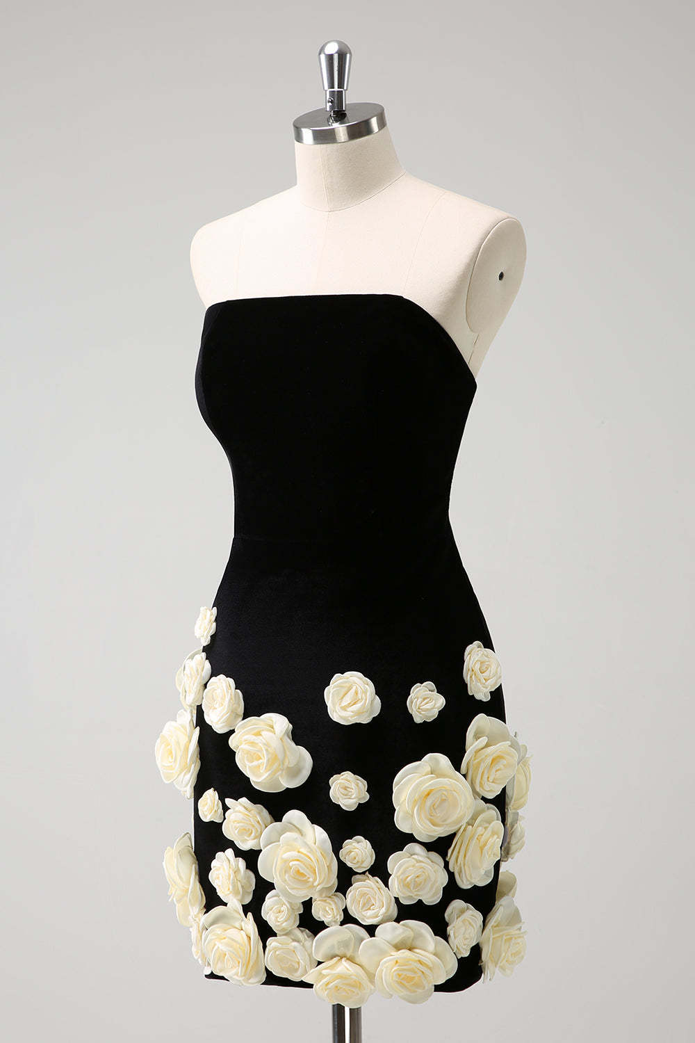 Strapless Black Bodycon Mini Dress with 3D Floral Details for Homecoming