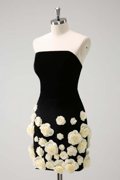 Strapless Black Bodycon Mini Dress with 3D Floral Details for Homecoming