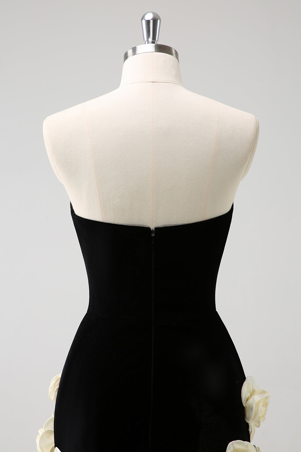 Strapless Black Bodycon Mini Dress with 3D Floral Details for Homecoming