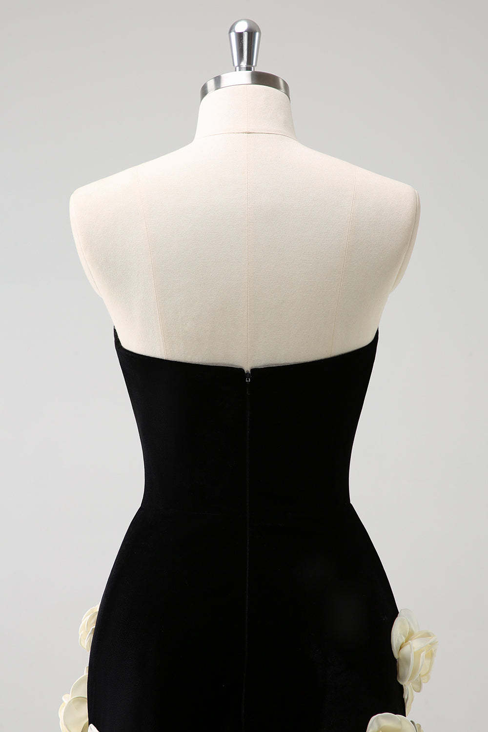 Strapless Black Bodycon Mini Dress with 3D Floral Details for Homecoming