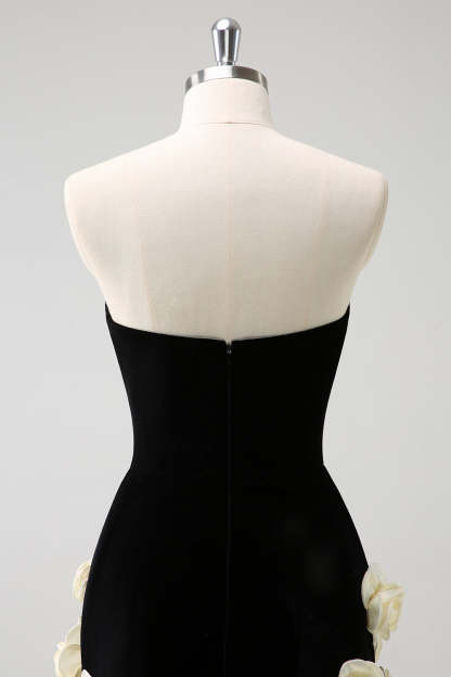 Strapless Black Bodycon Mini Dress with 3D Floral Details for Homecoming
