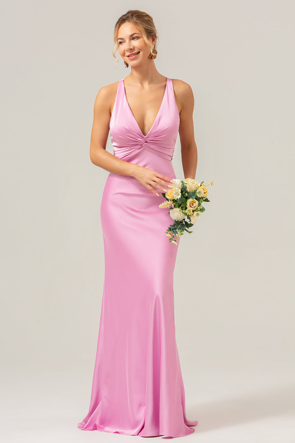 Modecrush Women Pink Bridesmaid Dress with Lace Up Back Mermaid V Neck Ruched Satin Long Wedding Guest Dress