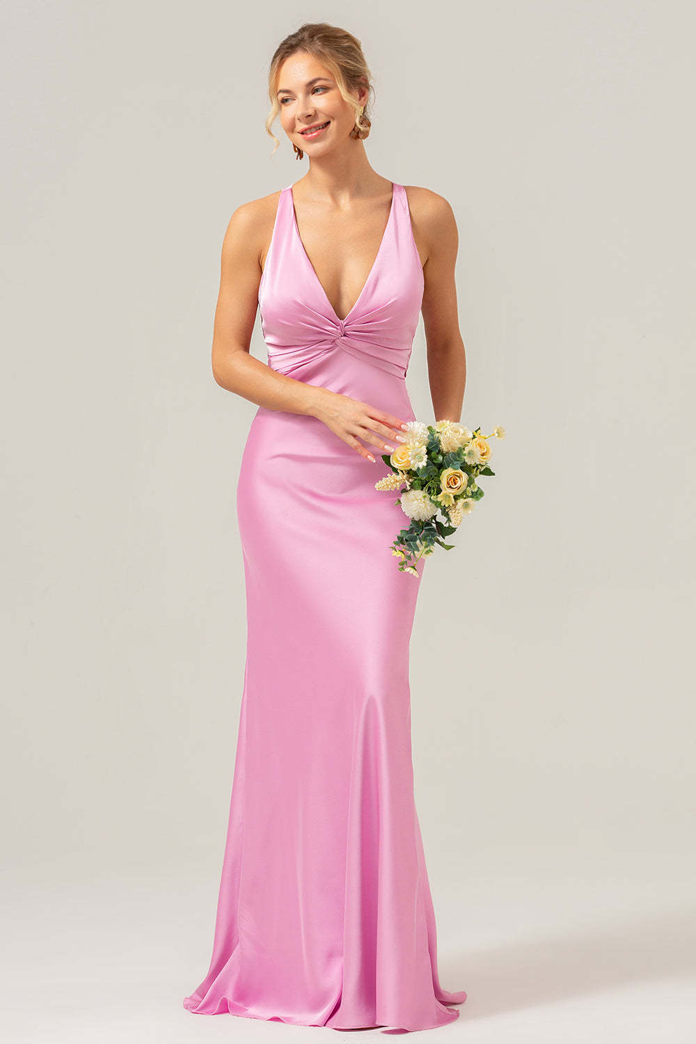Modecrush Women Pink Bridesmaid Dress with Lace Up Back Mermaid V Neck Ruched Satin Long Wedding Guest Dress