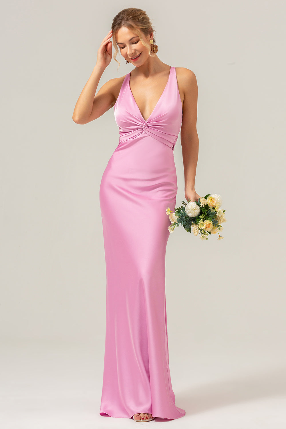 Modecrush Pink Mermaid V Neck Ruched Satin Long Bridesmaid Dress with Lace Up Back