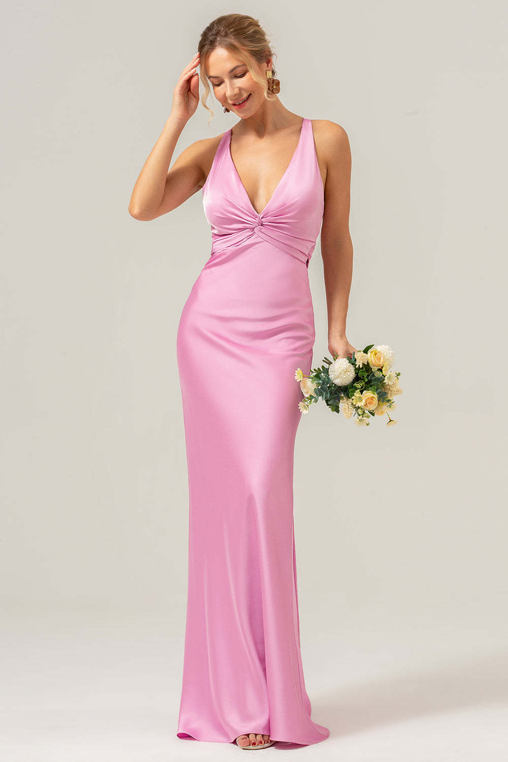 Modecrush Pink Mermaid V Neck Ruched Satin Long Bridesmaid Dress with Lace Up Back