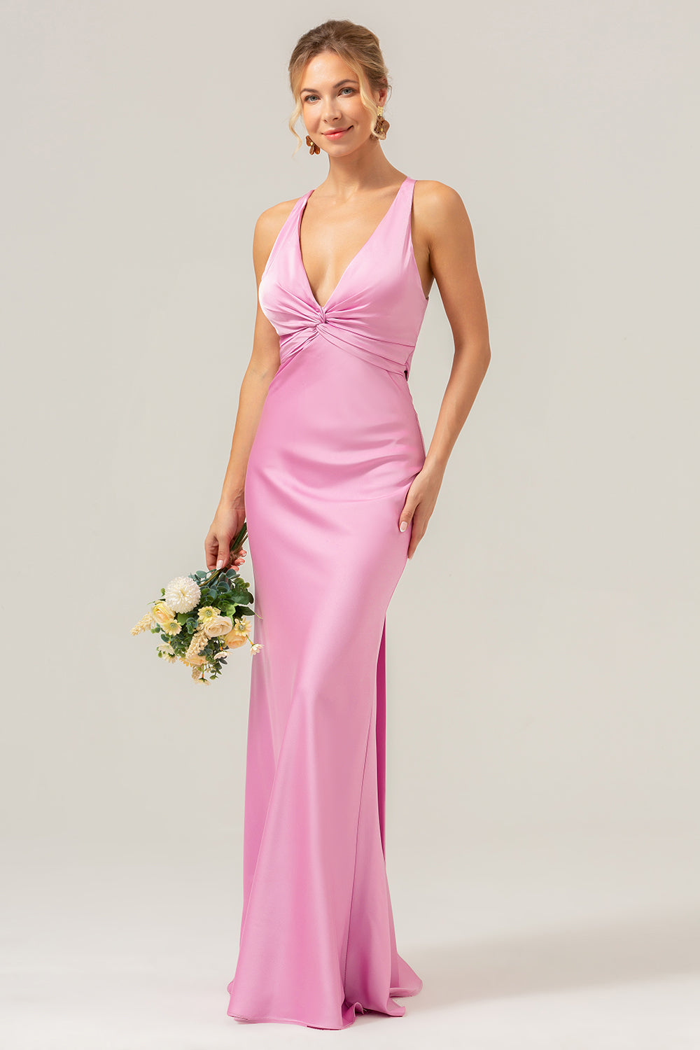 Modecrush Pink Mermaid V Neck Ruched Satin Long Bridesmaid Dress with Lace Up Back