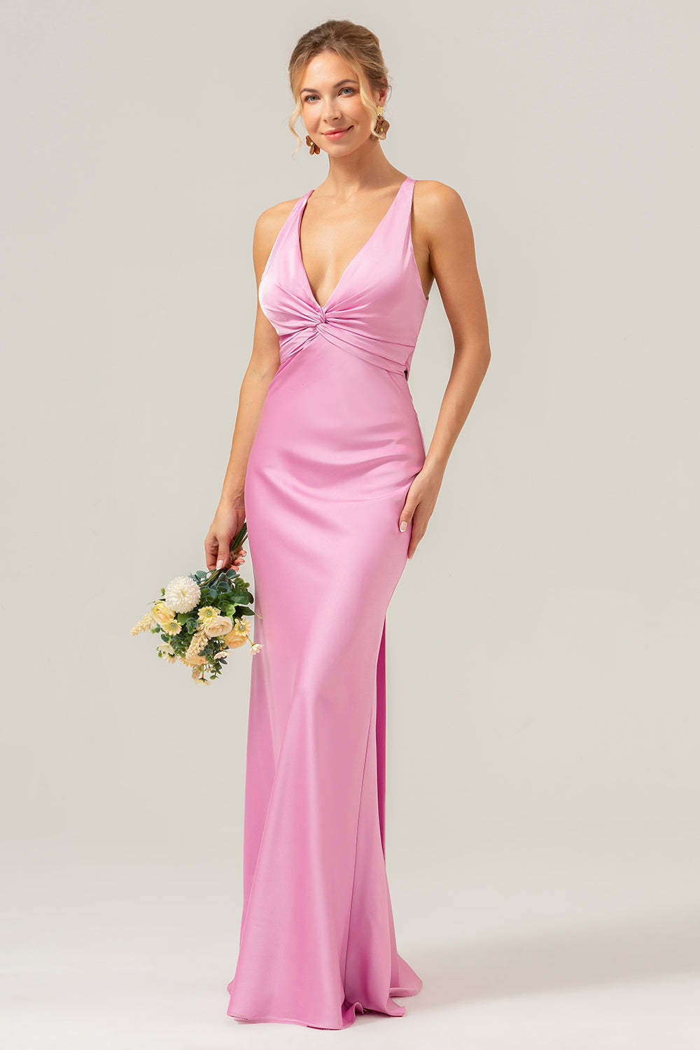 Modecrush Pink Mermaid V Neck Ruched Satin Long Bridesmaid Dress with Lace Up Back
